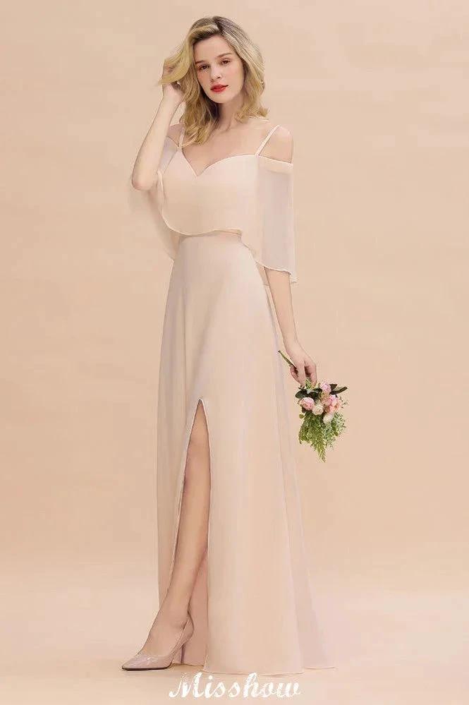 Simple Spaghetti Straps Tiered Bridesmaid Dresses | Side Slit A-Line Sleeveless Evening Maxi Dresses