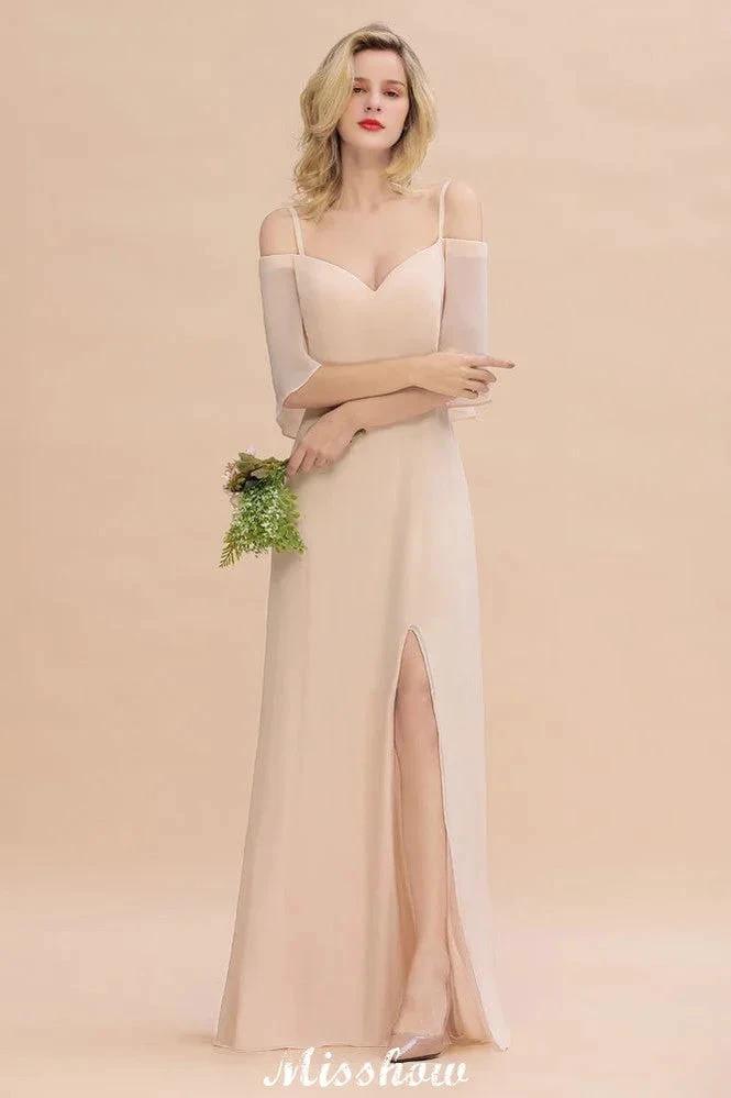 Simple Spaghetti Straps Tiered Bridesmaid Dresses | Side Slit A-Line Sleeveless Evening Maxi Dresses