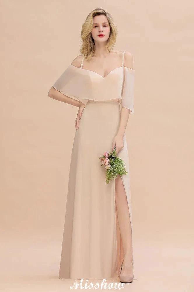 Simple Spaghetti Straps Tiered Bridesmaid Dresses | Side Slit A-Line Sleeveless Evening Maxi Dresses