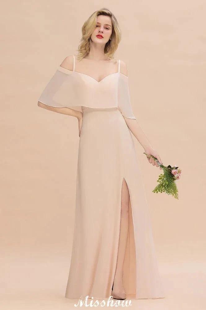 Simple Spaghetti Straps Tiered Bridesmaid Dresses | Side Slit A-Line Sleeveless Evening Maxi Dresses