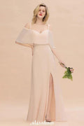 Simple Spaghetti Straps Tiered Bridesmaid Dresses | Side Slit A-Line Sleeveless Evening Maxi Dresses