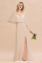Simple Spaghetti Straps Tiered Bridesmaid Dresses | Side Slit A-Line Sleeveless Evening Maxi Dresses