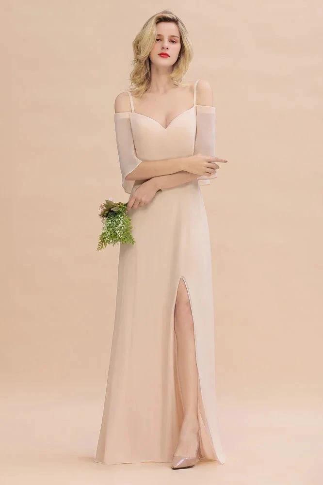 Simple Spaghetti Straps Tiered Prom Dresses | Side Slit A-Line Sleeveless Evening Dresses
