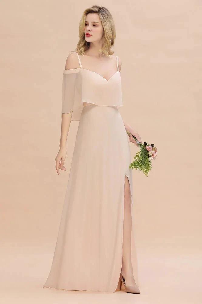 Simple Spaghetti Straps Tiered Prom Dresses | Side Slit A-Line Sleeveless Evening Dresses