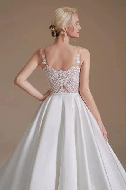 Simple Straps Sleeveless A-Line Floor-Length Satin Wedding Dresses with Ruffles
