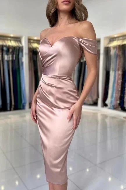 Simple sweetheart off-the-shoulder cap sleeves column satin Evening dresses with ruffles