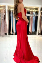Simple sweetheart sleeveless mermaid satin prom dresses splitfront