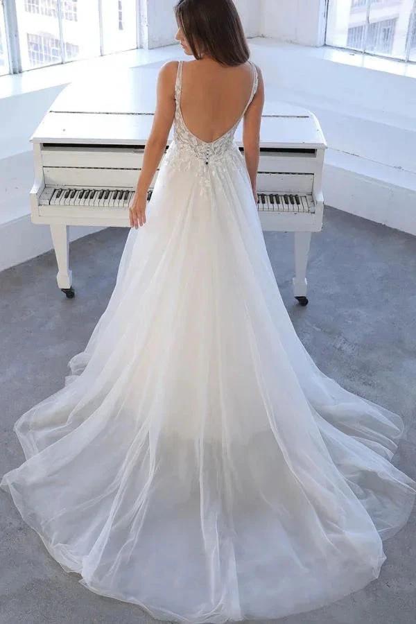 Simple White Long A-line V-neck Tulle Lace Backless Wedding Dress