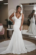 Simple White Long Mermaid V Neck Train Backless Wedding Dress