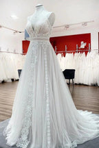 Simply Long A-line Tulle Lace Open Back Wedding Dresses