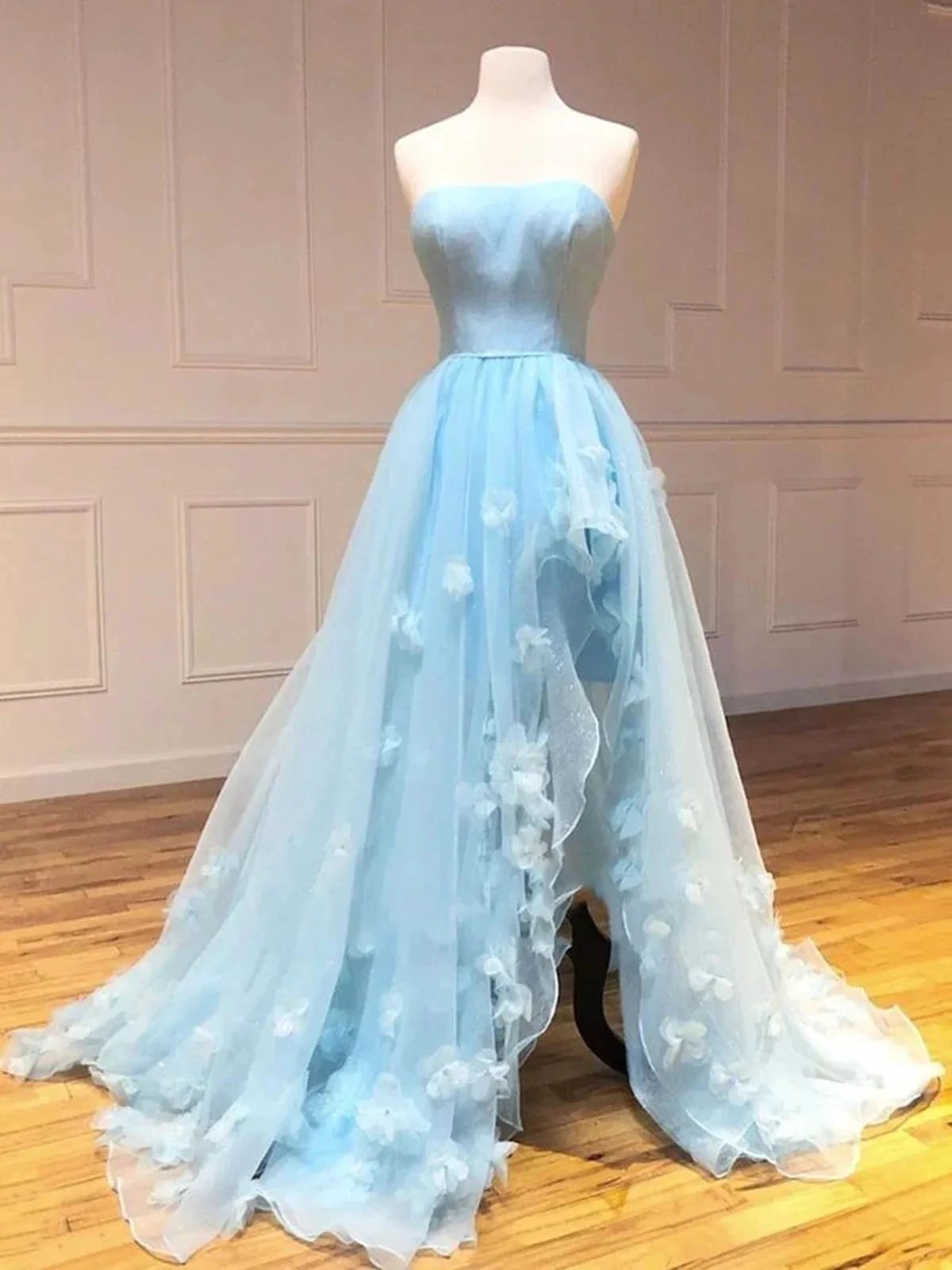 Sky Blue High Low A-line Strapless Tulle Lace Formal Prom Dresses with Slit