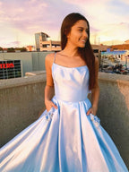 Sky Blue Long A-line Satin Formal Graduation Prom Dresses with Pockets