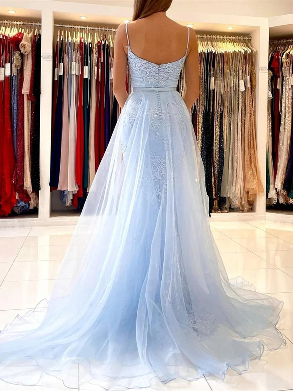 Sky Blue Long Mermaid Spaghetti Straps Tulle Lace Formal Prom Dresses