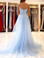 Sky Blue Long Mermaid Spaghetti Straps Tulle Lace Formal Prom Dresses