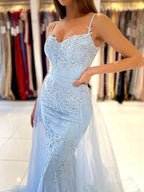 Sky Blue Long Mermaid Spaghetti Straps Tulle Lace Formal Prom Dresses