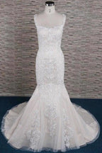 Sleek Square Neck Appliques Pretty Mermaid Elegant Wedding Dresses