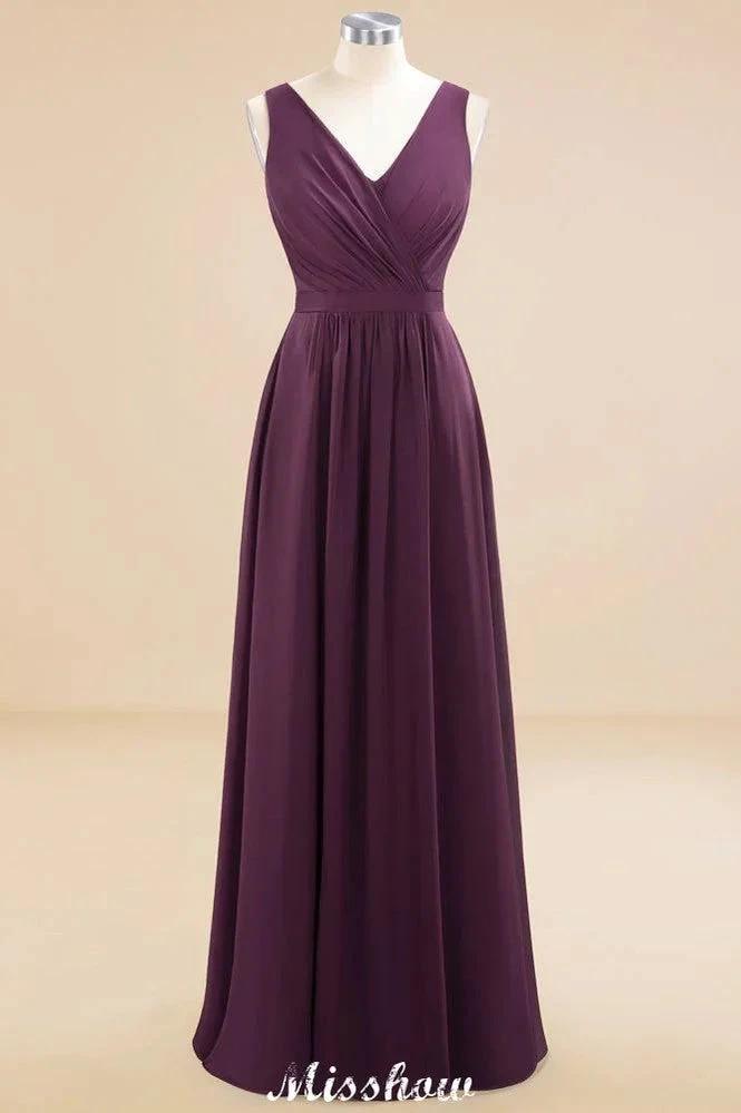 Sleeveless A-line Chiffon Bridesmaid Dress Floor-Length V-Neck Party Gown