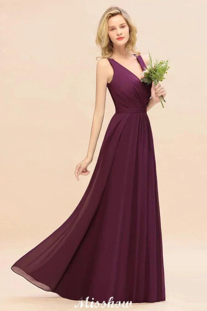 Sleeveless A-line Chiffon Bridesmaid Dress Floor-Length V-Neck Party Gown