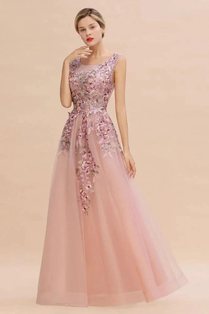 Sleeveless Aline Dusty Pink Long Evening Dress Tulle Lace Appliques Party Dress