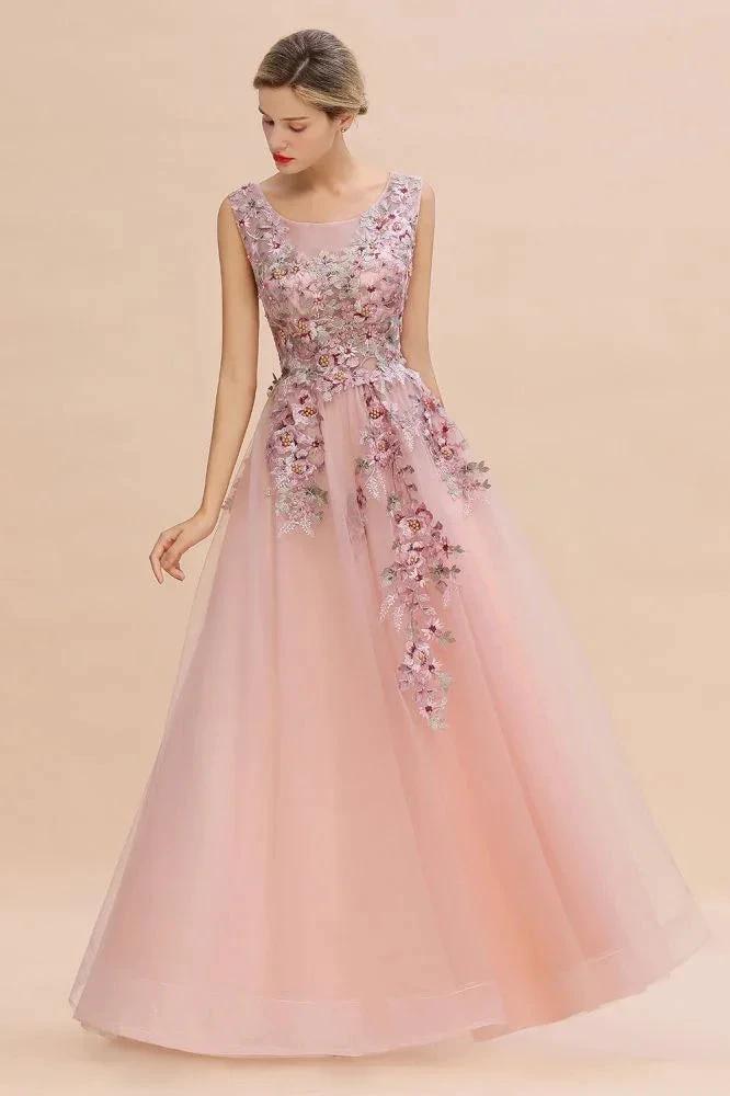 Sleeveless Aline Dusty Pink Long Evening Dress Tulle Lace Appliques Party Dress