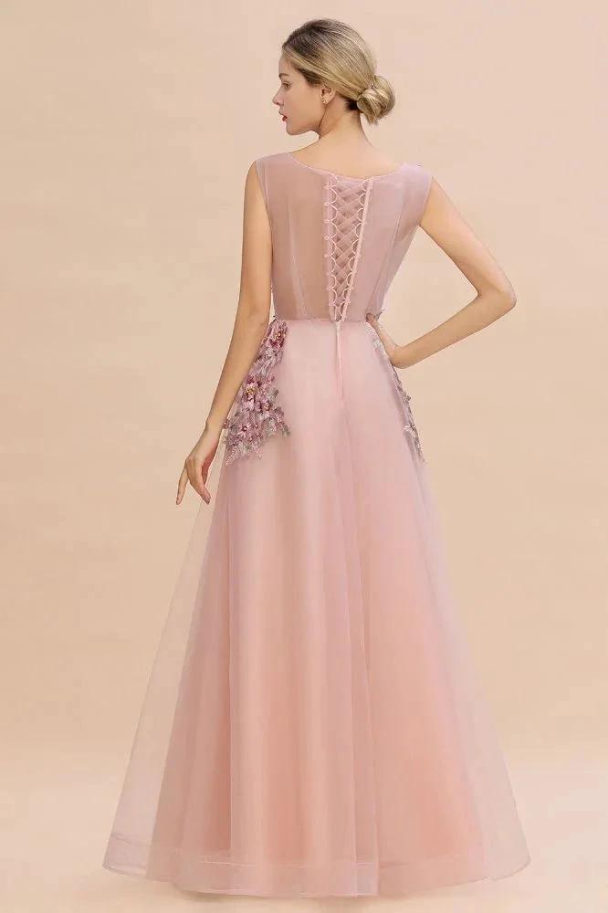 Sleeveless Aline Dusty Pink Long Evening Dress Tulle Lace Appliques Party Dress