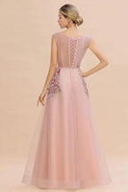 Sleeveless Aline Dusty Pink Long Evening Dress Tulle Lace Appliques Party Dress
