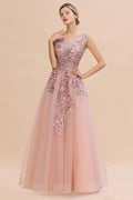Sleeveless Aline Dusty Pink Long Evening Dress Tulle Lace Appliques Party Dress