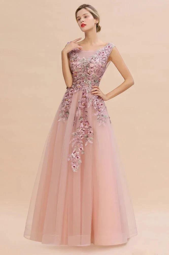 Sleeveless Aline Dusty Pink Long Evening Dress Tulle Lace Appliques Party Dress