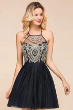 Sleeveless Appliques Tulle Homecoming Dress Mini Prom Dress