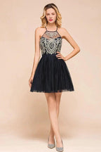 Sleeveless Appliques Tulle Homecoming Dress Mini Prom Dress