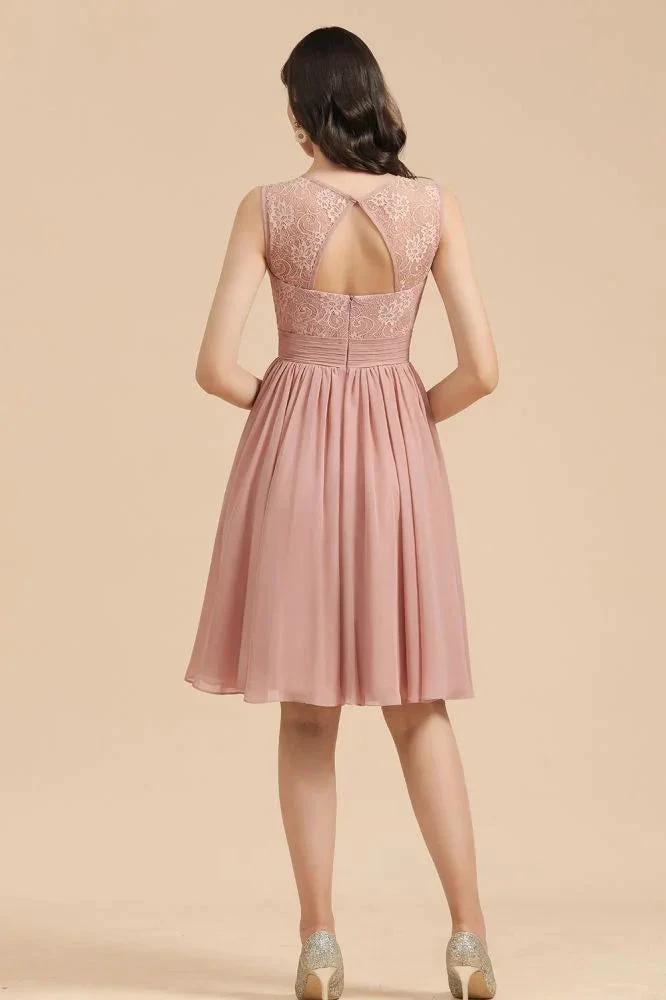 Sleeveless Crew neck Lace Chiffon Party Dress Mini Bridesmaid Dress