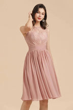 Sleeveless Crew neck Lace Chiffon Party Dress Mini Bridesmaid Dress