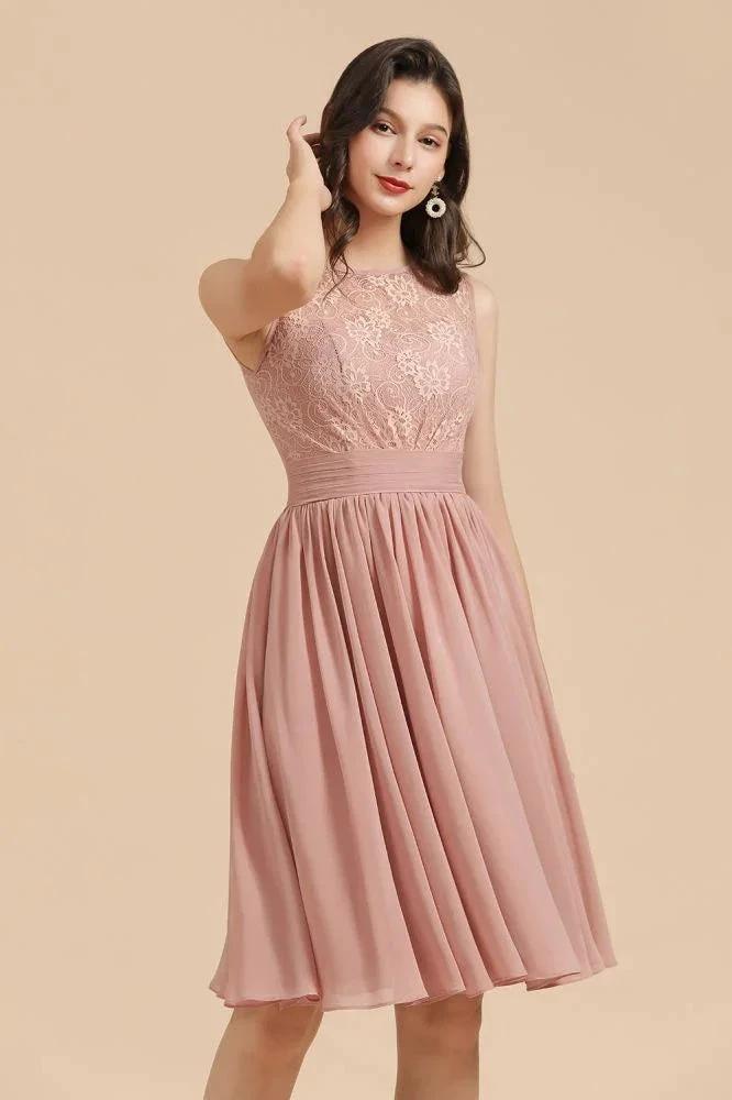 Sleeveless Crew neck Lace Chiffon Party Dress Mini Bridesmaid Dress