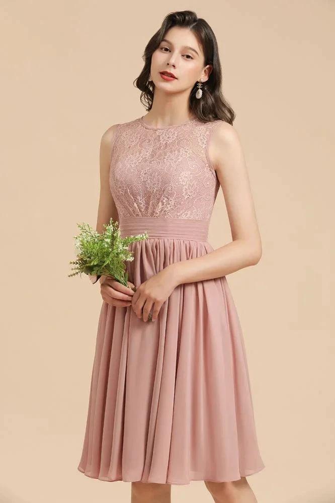 Sleeveless Crew neck Lace Chiffon Party Dress Mini Bridesmaid Dress