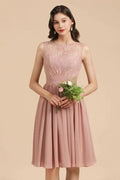 Sleeveless Crew neck Lace Chiffon Party Dress Mini Bridesmaid Dress