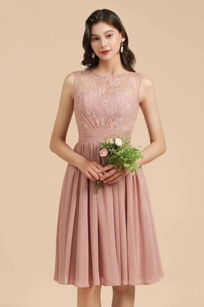 Sleeveless Crew neck Lace Chiffon Party Dress Mini Bridesmaid Dress