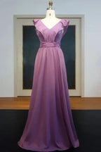 Sleeveless Floor Length A-line V-neck Ruffled Chiffon Prom Dresses