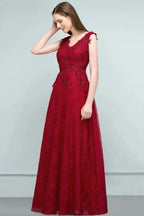 Sleeveless Lace Appliques A-line V-neck Long Prom Dresses with Crystals