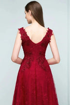 Sleeveless Lace Appliques A-line V-neck Long Prom Dresses with Crystals