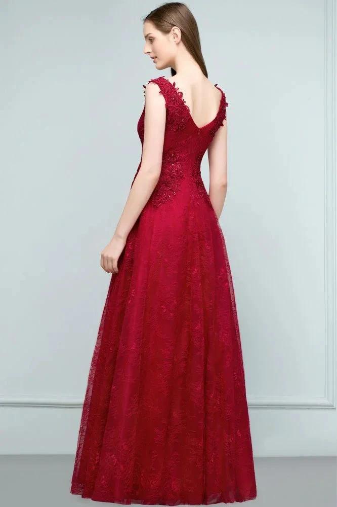 Sleeveless Lace Appliques A-line V-neck Long Prom Dresses with Crystals