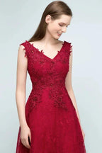 Sleeveless Lace Appliques A-line V-neck Long Prom Dresses with Crystals