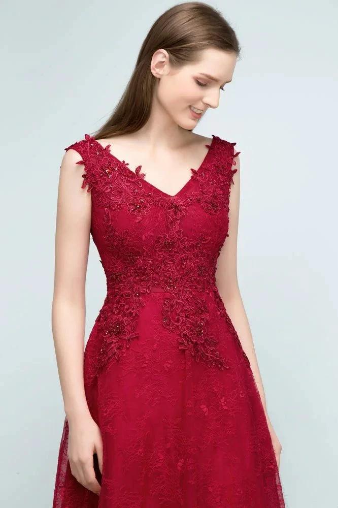 Sleeveless Lace Appliques A-line V-neck Long Prom Dresses with Crystals