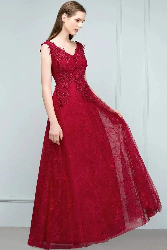 Sleeveless Lace Appliques A-line V-neck Long Prom Dresses with Crystals
