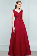 Sleeveless Lace Appliques A-line V-neck Long Prom Dresses with Crystals