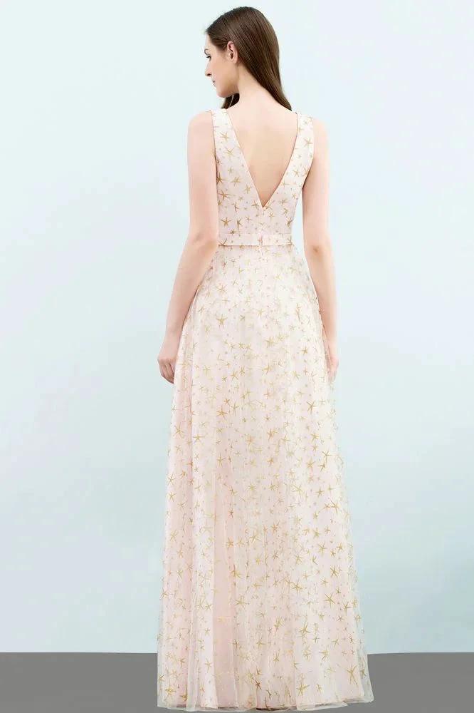 Sleeveless Long A-line V-neck Appliqued Tulle Prom Dresses