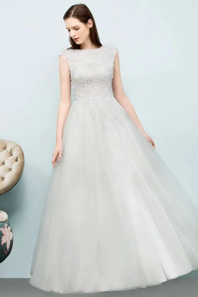 Sleeveless Long Split A-line Appliqued Tulle Prom Dresses