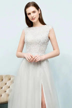 Sleeveless Long Split A-line Appliqued Tulle Prom Dresses