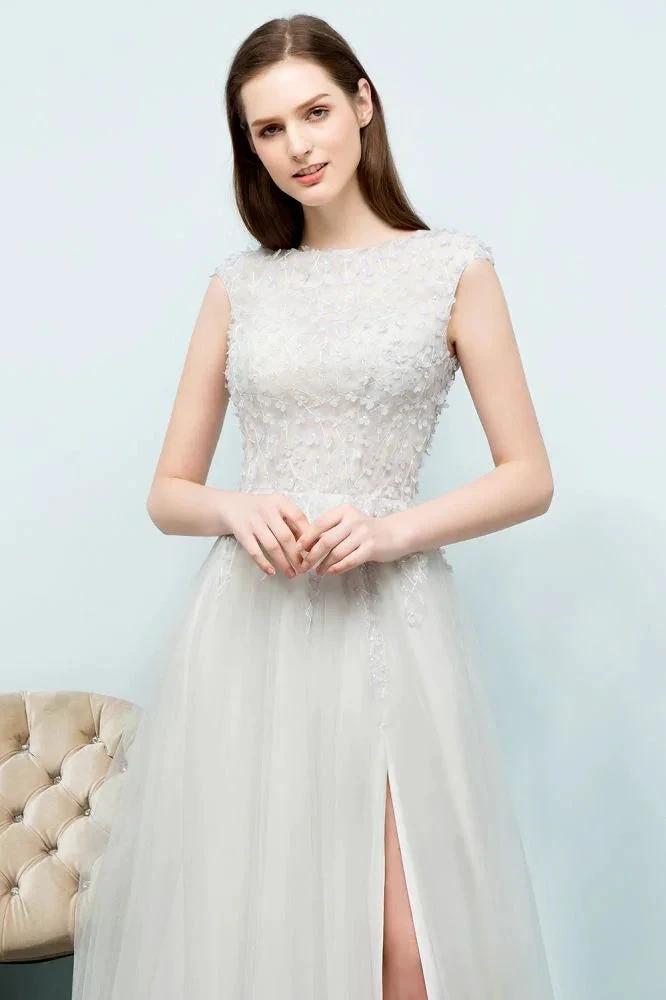 Sleeveless Long Split A-line Appliqued Tulle Prom Dresses