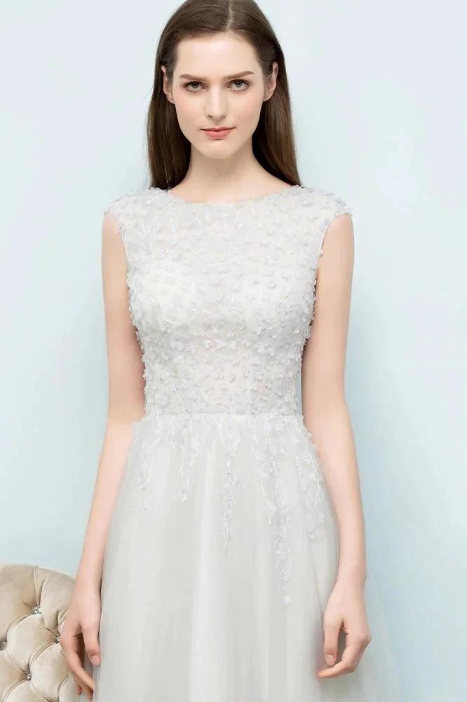 Sleeveless Long Split A-line Appliqued Tulle Prom Dresses
