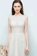 Sleeveless Long Split A-line Appliqued Tulle Prom Dresses